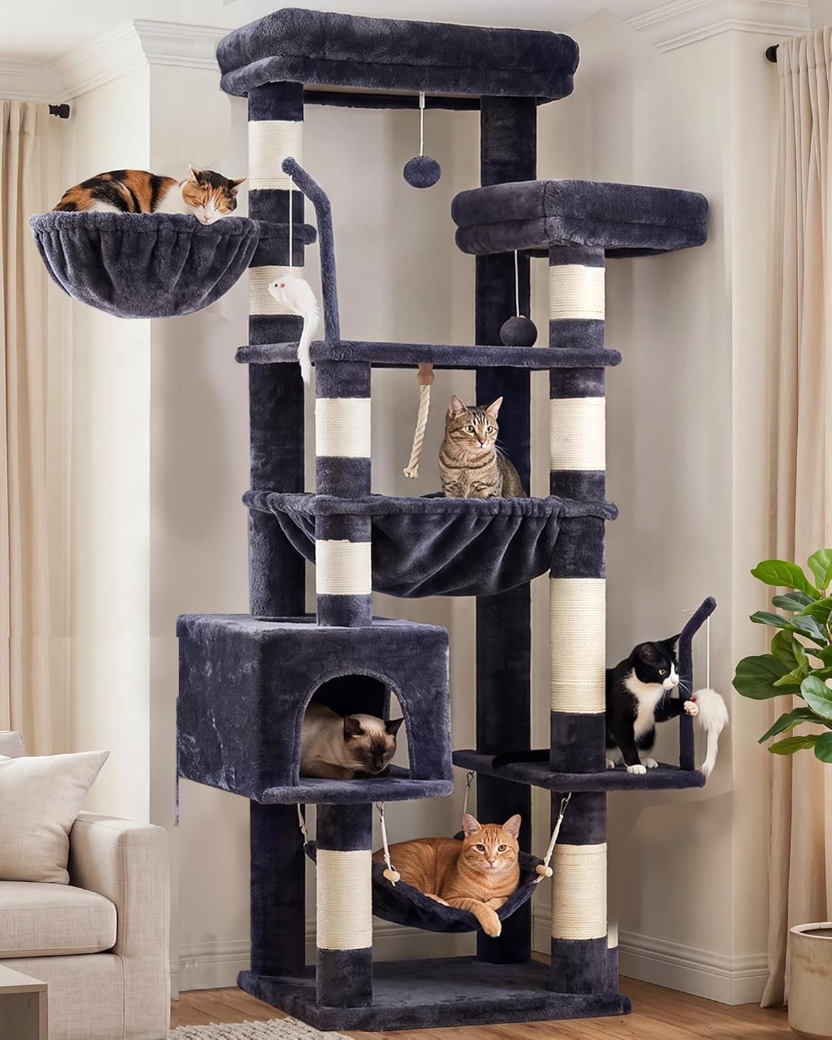 Cat Tree, 63” Cat Tower for Large Cats, Big Hammock GCT020G | Cat Condo, Cat Scratching Posts for Indoor Adult Cats, 4 Platforms（ 2 Big 2 Small）, 2 Baskets, Sisal Rope, 4 Toys, Smoky Gray