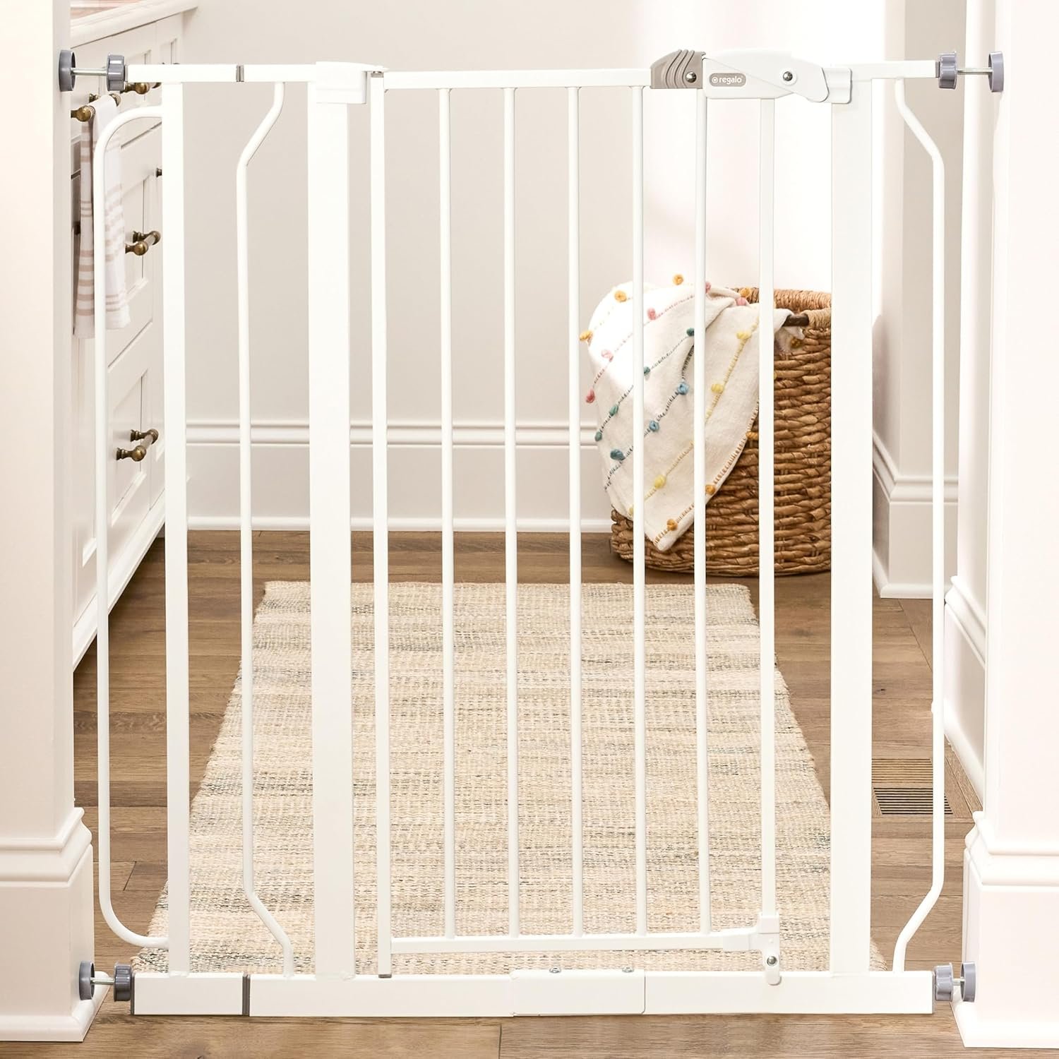 Regalo Safety 36″ Extra Tall Baby Gate, Bottom of Stairs & Doorways | Fits Openings 29″-36.5″ Wide, Pressure Mounted with Door, For Babies, Toddlers & Pets, White