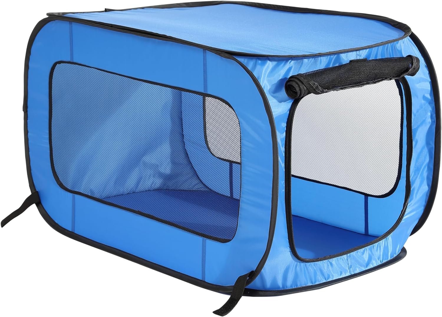 Portable Collapsible Pop Up Kennel, 36″ L x 22″ W x 22″ H, Blue | Collapsible indoor/outdoor travel cat and dog crate with mesh screen windows pops up and folds flat for easy storage