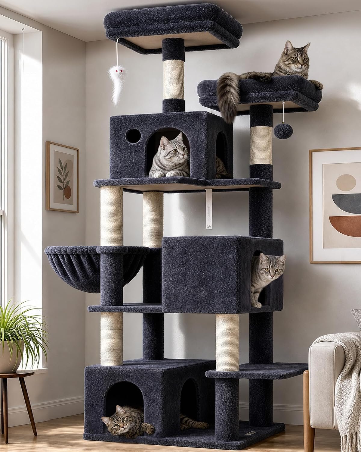 Globlazer F71 Cat Tree Tall, 71in Cat Tower for Indoor Cats, Dark Gray | Multi-Level 3 Condos for Indoor Cats, XL Cat Tree Tower with Scratching Posts, Soft Extra Large Hanging Basket