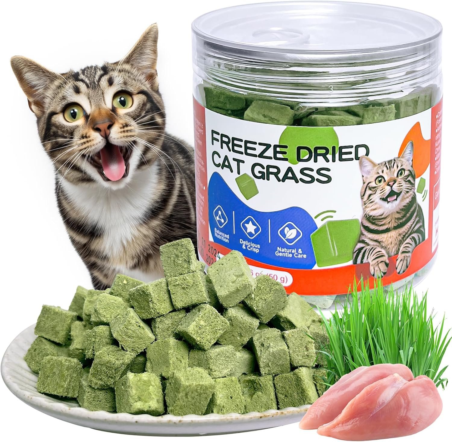 Freeze-Dried Cat Grass Treats with Premium Gourmet Blend – Natural Hairball Control & Gut Health Support for Cats (Chicken Breast Formula, 1.76 oz)