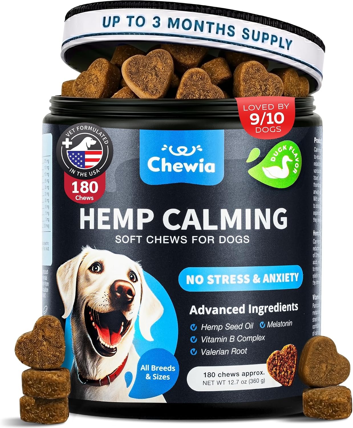 Hemp Calming Chews for Dogs Anxiety Relief & Calming Treats with Melatonin | Calming dog chews to ease anxiety, separation stress, travel, vet visits, thunderstorms & fireworks for calmer behavior