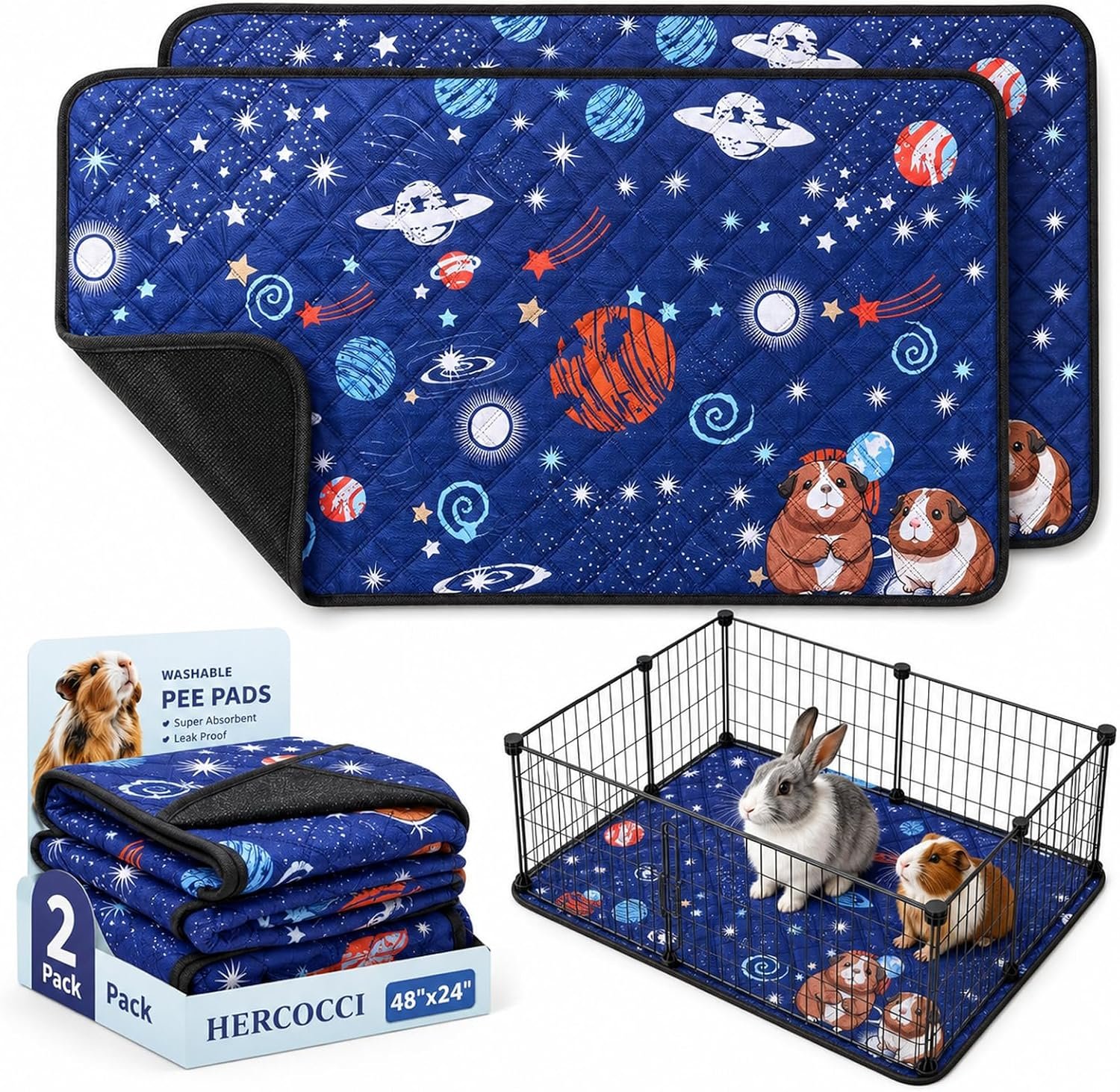 HERCOCCI 2 Pack Guinea Pig Cage Liner, 24″x48″ Washable Guinea Pig Pee Pads, Absorbent Bedding Training Mat for Small Animal Guinea Pigs Rabbit Hamster Chinchilla Puppy