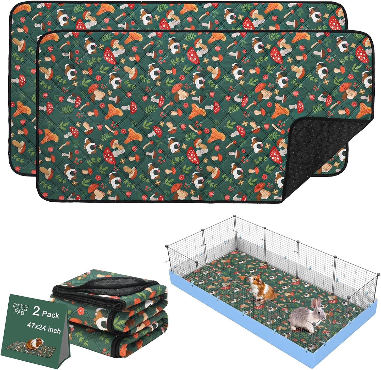 Mechpia 2 Pack Guinea Pig Cage Liners – Washable 47″X24″ Bedding Pee Pad, Super Absorbent, Waterproof & Anti-Slip Reusable Mat for Rabbit, Hamster, Rat