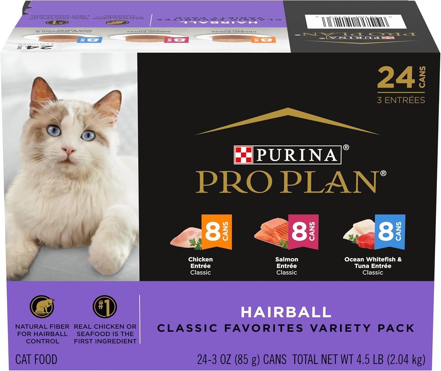 Purina Pro Plan Hairball Control Wet Cat Food Variety Pack, (24), 3 oz Cans | Classic Chicken, Salmon, and Ocean Whitefish & Tuna Entrees with prebiotic fiber for hairball control