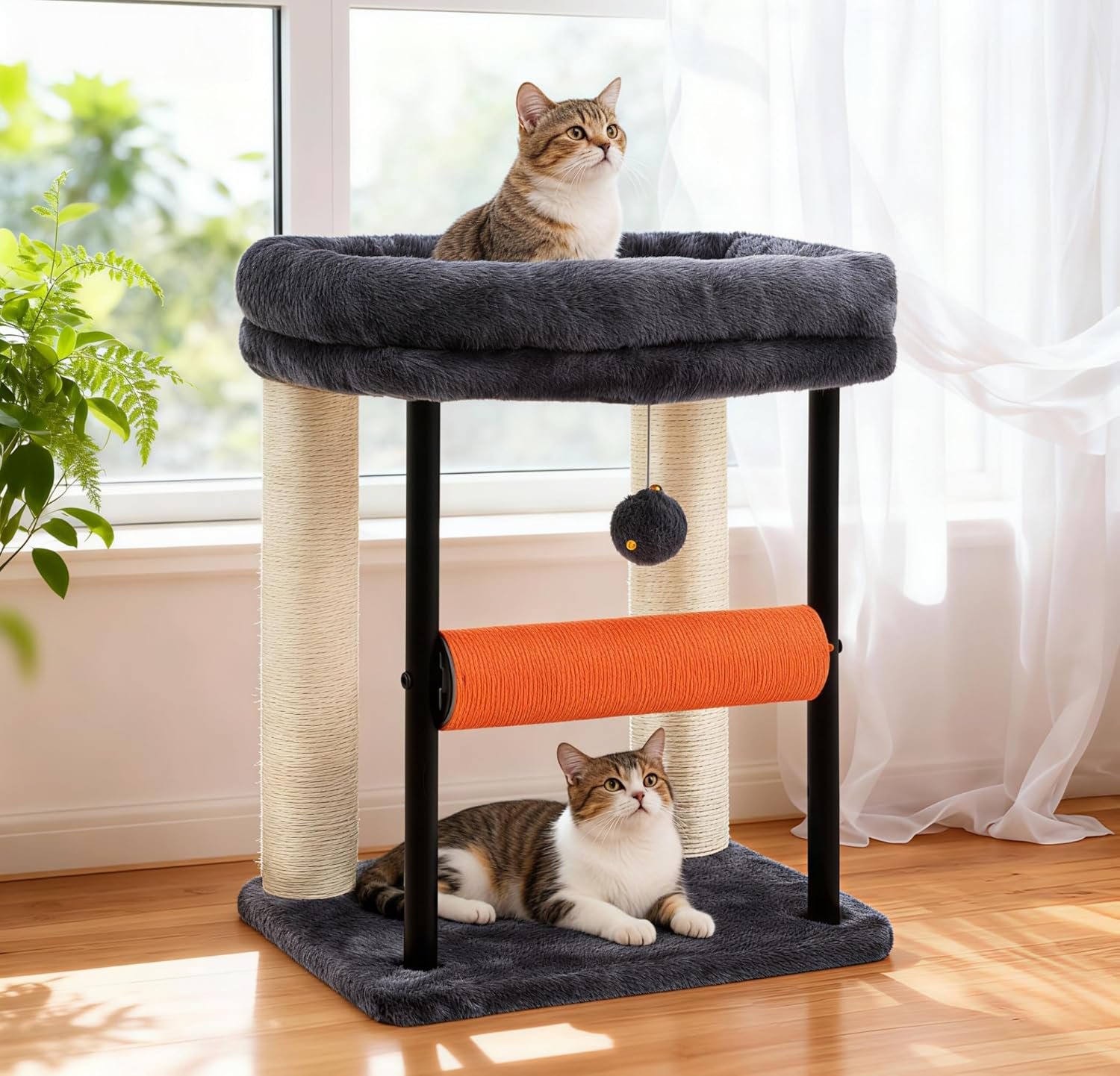 Hey-brother Cat Tree, Sturdy Tower with Sisal-Wrapped Columns, MPJ010SG | 18.9 Inches Cats Scratching Posts with Bed, Plush Toy Ball for Indoor Kittens, Smoky Gray