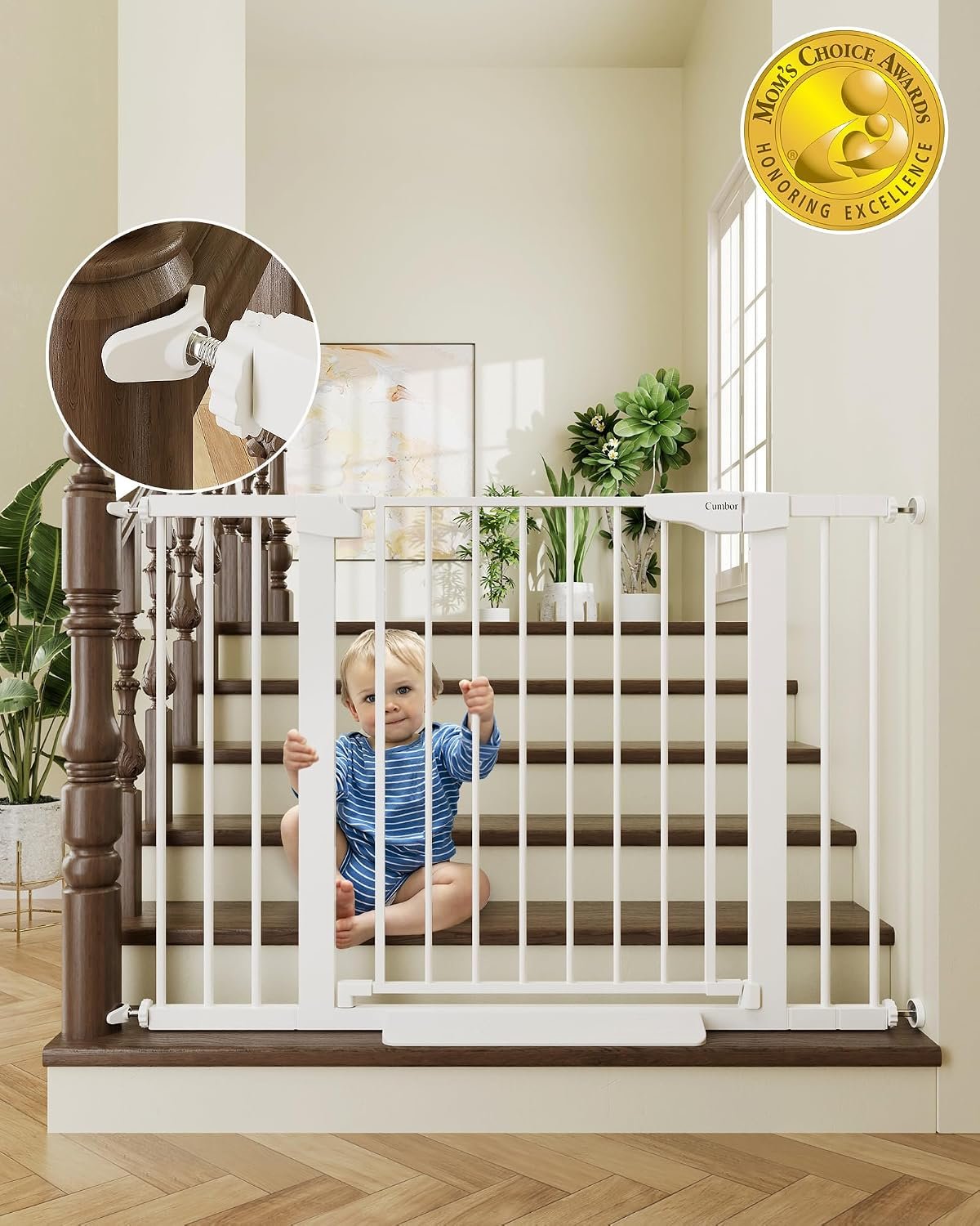Cumbor 30-46″ Baby Gate for Stairs, Auto Close Dog Gate for Doorways White | Toddler Safety Essentials for the House, Mom’s Choice Awards Winner-Easy Install Pressure/Hardware Mounted Pet Gate for Dogs
