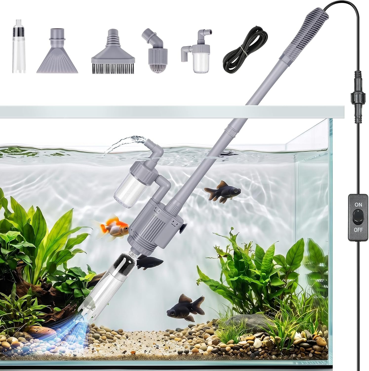 Electric Aquarium Vacuum Gravel Cleaner 5-in-1 Fish Tank Cleaning Kit 28W Automatic Gravel Vacuum for Aquarium 10-100 Gal with Strong Suction,Telescopic Tube,Water Change Pump and Filtration(Gray)