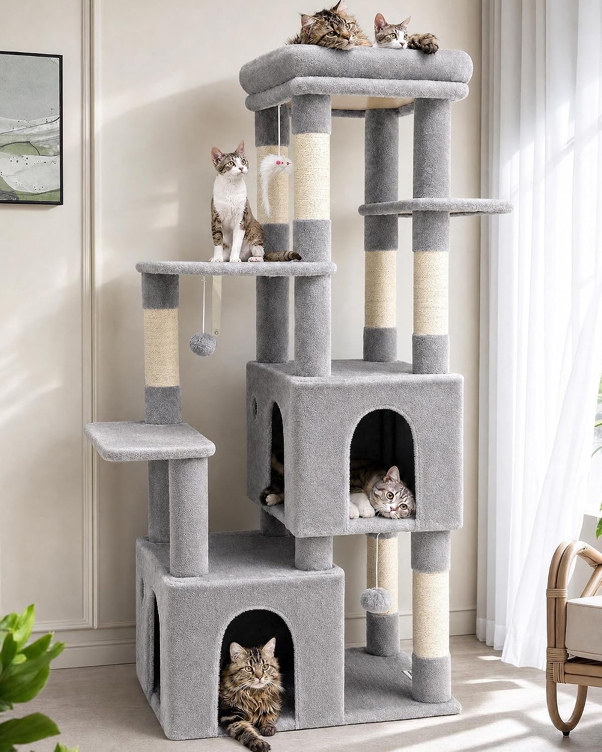 Globlazer Cat Tower for Indoor Cats, Heavy Duty Cat Trees for Large Cats Adult Big Cats Maine Coon Cat Tree Tower with Scratching Post, Extra Large Top Perch, Cat Condos, F61, Light Grey, 61inch | Cat Tower for Indoor Large Adult Cats with Scratching Post, Extra Large Top Perch, Cat Condos, 61inch