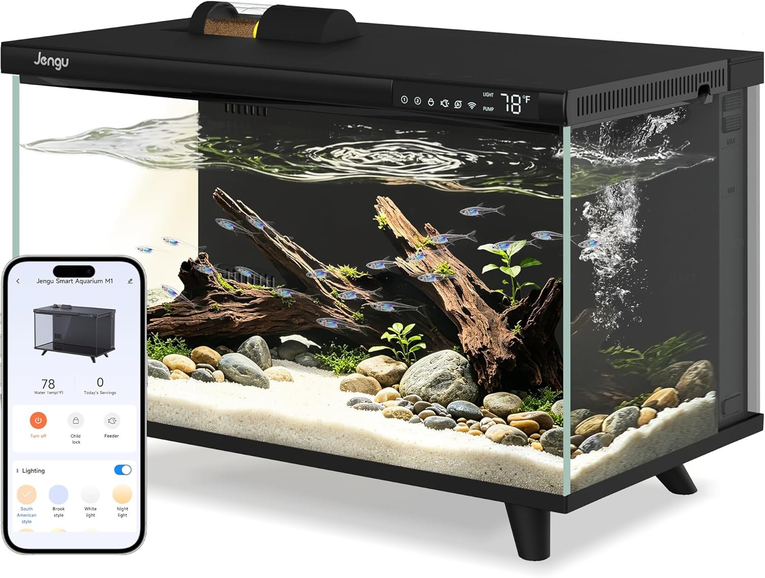 M1 5.3 Gallon Smart Fish Tank, App-Controlled Betta Aquarium Starter Kit | Integrated Lid with Auto Feeder, Full Spectrum LED, Temp Display, Dual Filtration, Quiet Pump for Desktop, Black