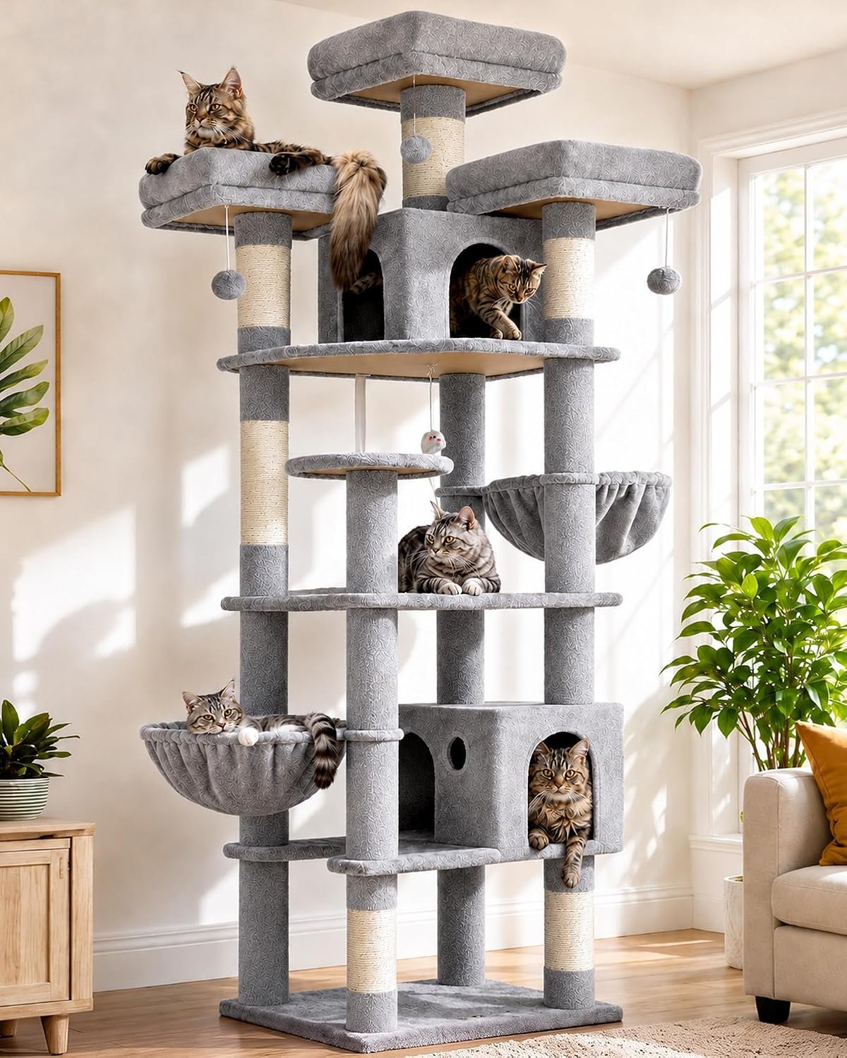 Globlazer Cat Trees and Towers for Multiple Adult Cats, 82-inch XXL Tall Cat Tree Tower for Indoor Cats with Scratching Post, 3 Perches, 2 Condos, 2 Hanging Baskets, F82, Light Grey