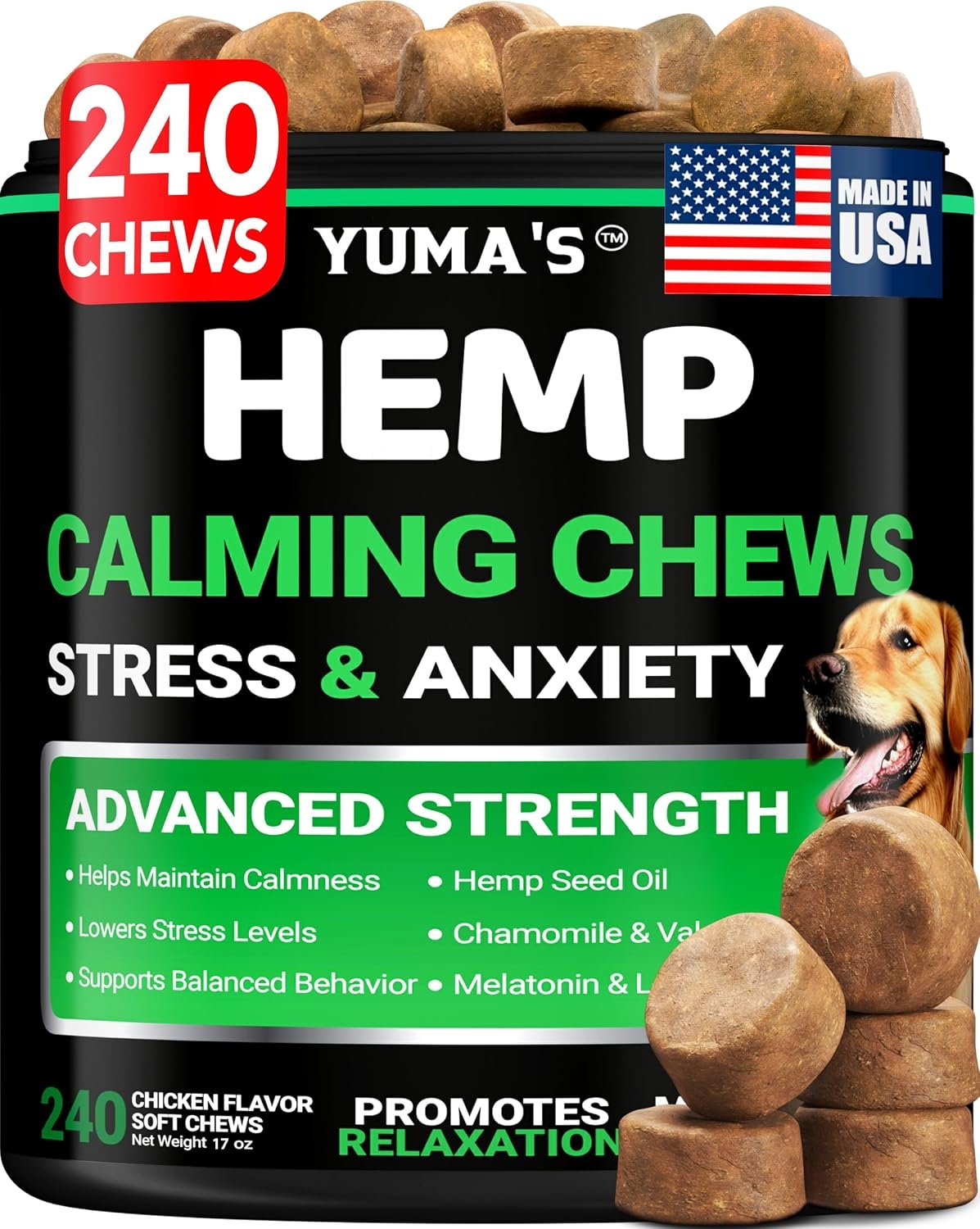 Hemp Calming Chews for Dogs – 240 Treats – Advanced Dog Calming Chews – Anxiety Relief Supplement Treats with Melatonin – Sleep Aid for Separation, Barking, Stress, Hip and Joint Support Made in USA