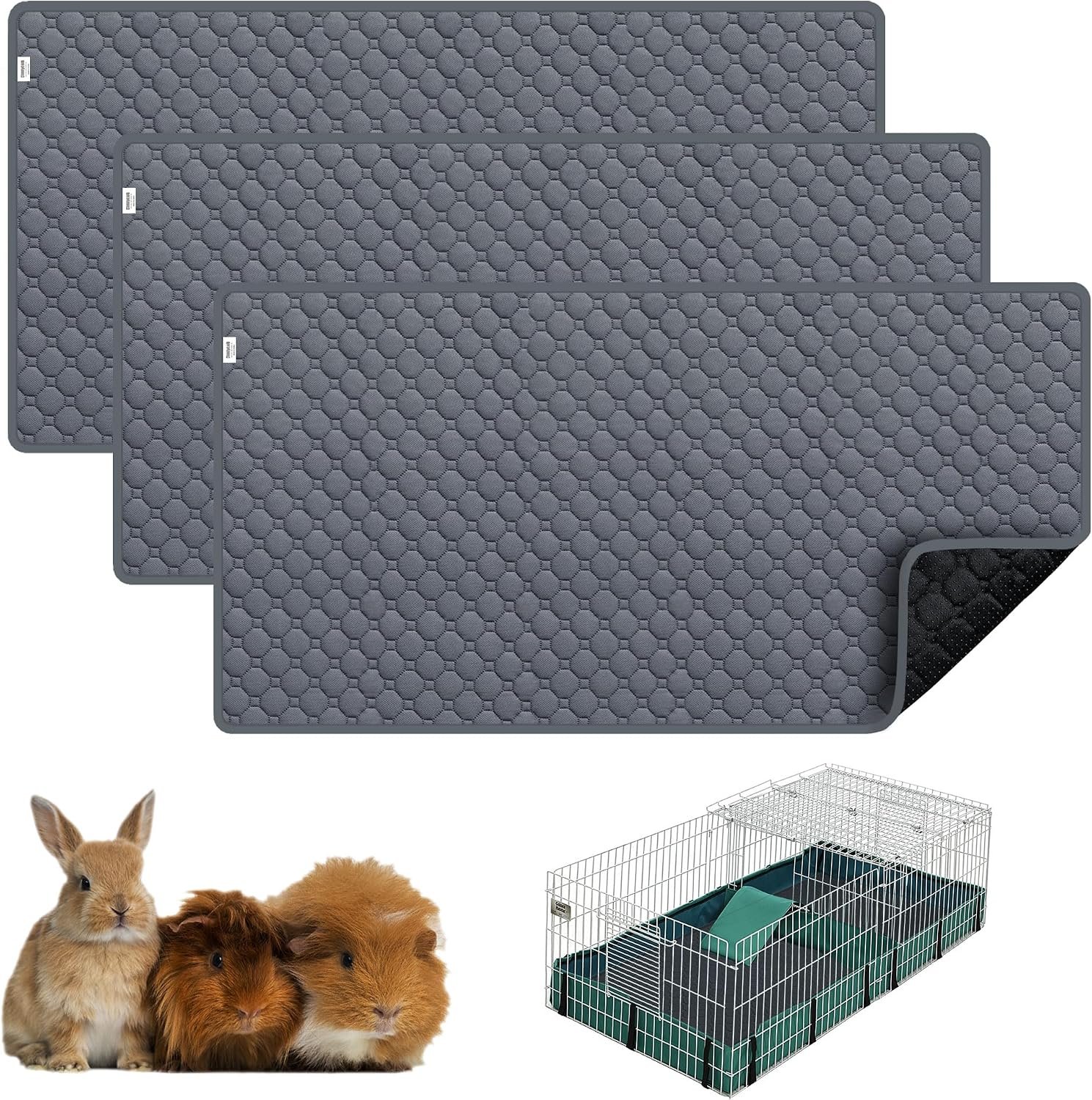 Guinea Pig Cage Liners, Washable Guinea Pig Bedding for Midwest Cage 3 Pack 49″X24″, Reusable & Anti Slip & Waterproof, Absorbent Guinea Pig Pee Pad for Small Animal, Rabbit, Bunny, Chinchilla