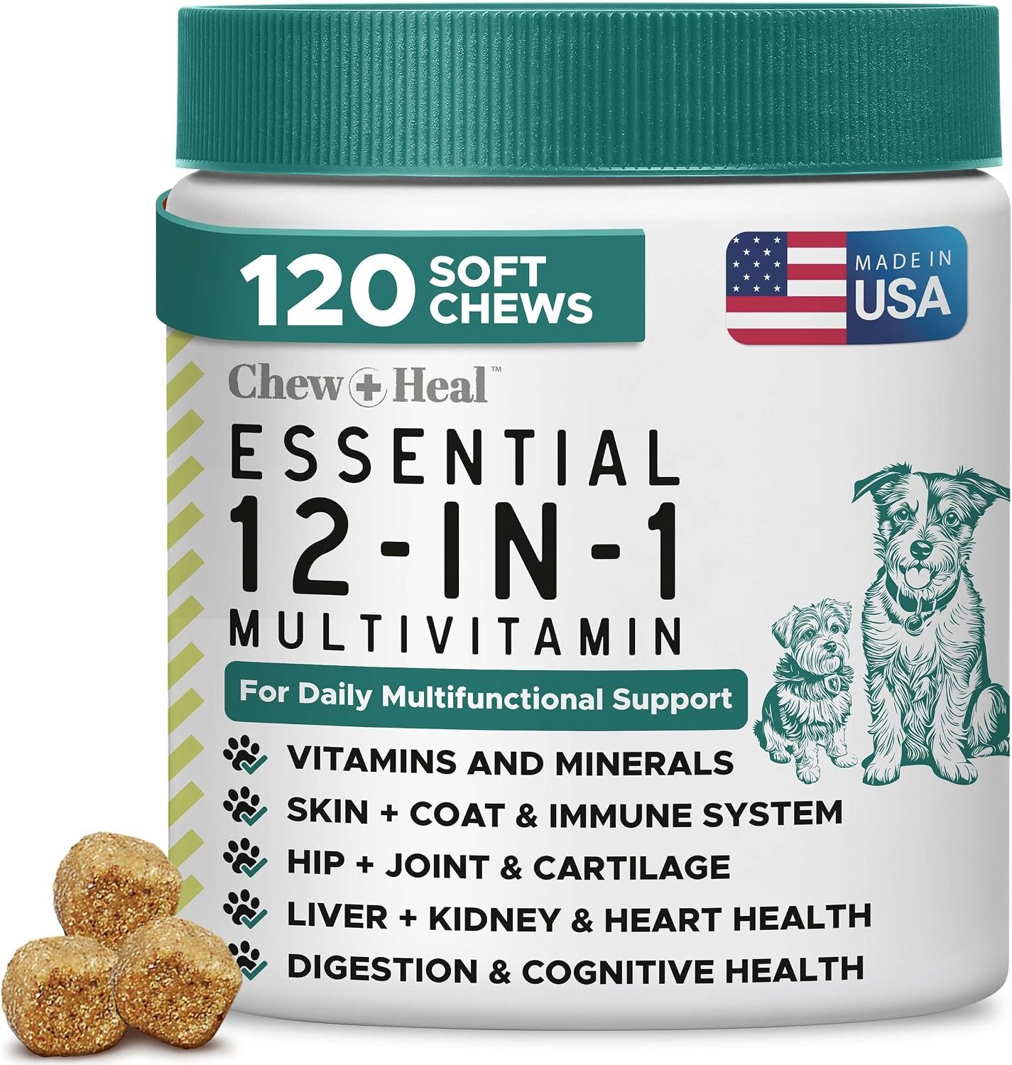 12-in-1 Dog Vitamin and Supplement Chews, 120 Ct – Senior and Puppy Vitamin | Glucosamine Chondroitin, Probiotics, Omega 3 – Hip & Joint, Skin & Coat, Immune, Digestive Support – Vitaminas Para Perros