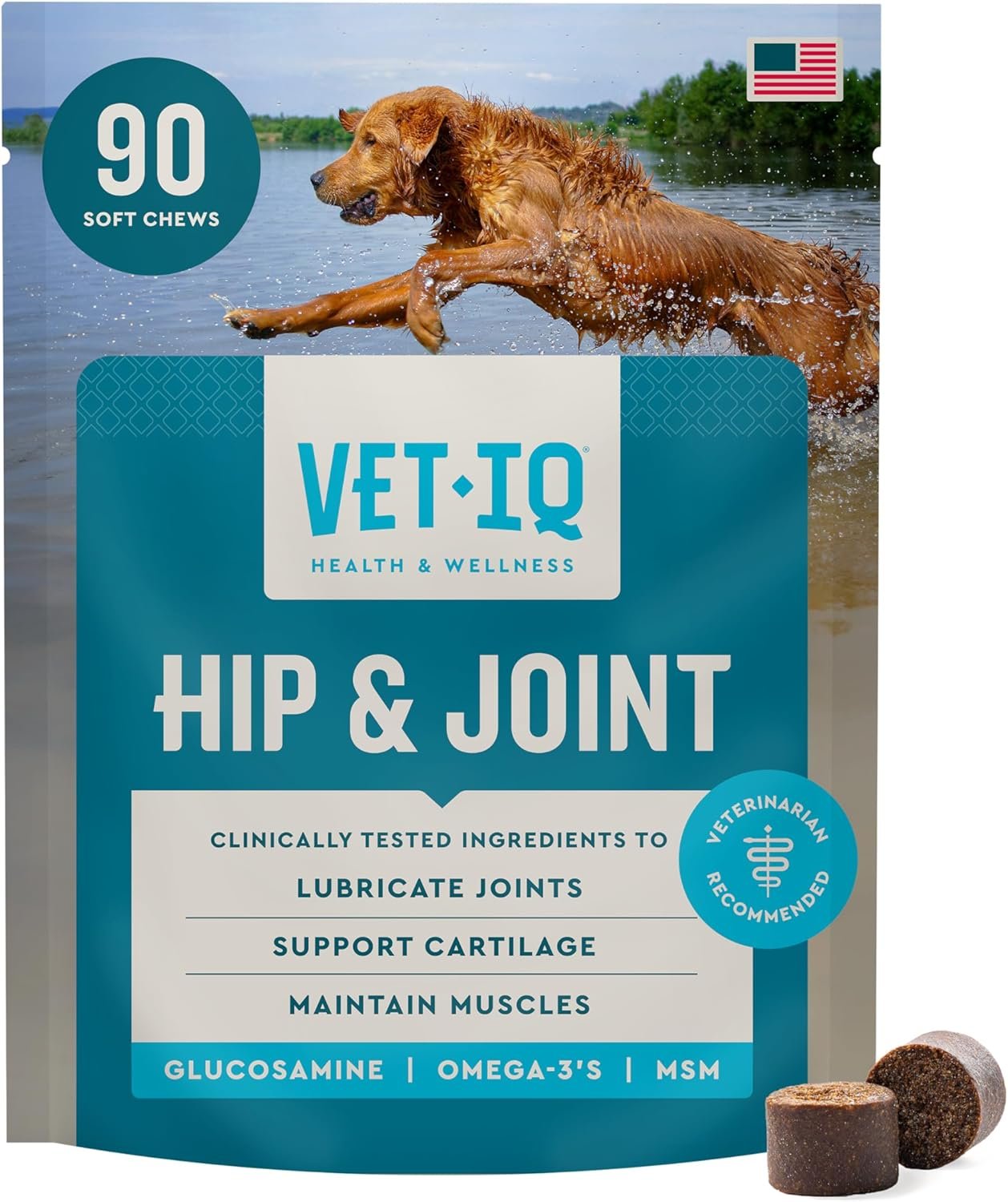 VetIQ Max Strength Hip & Joint Chews for Dogs, 90ct | Extra-strength joint support for senior & large breeds; glucosamine, MSM & krill oil; chicken flavor; daily chew