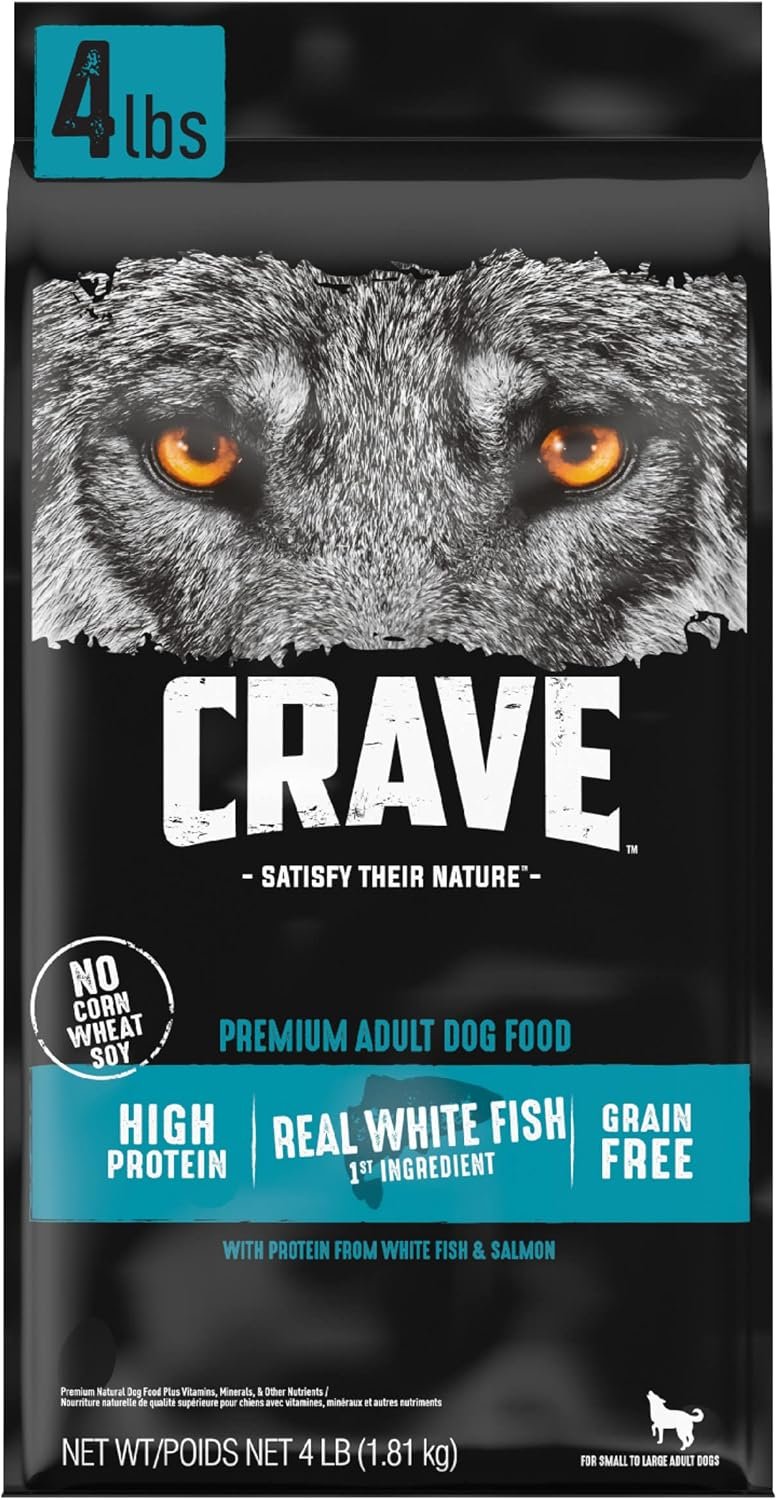CRAVE Grain Free High Protein Adult Dry Dog Food, White Fish & Salmon, 4 lb. Bag | Grain-free, 34% protein, no by-product meal, no artificial flavors/colors/preservatives, peas for energy