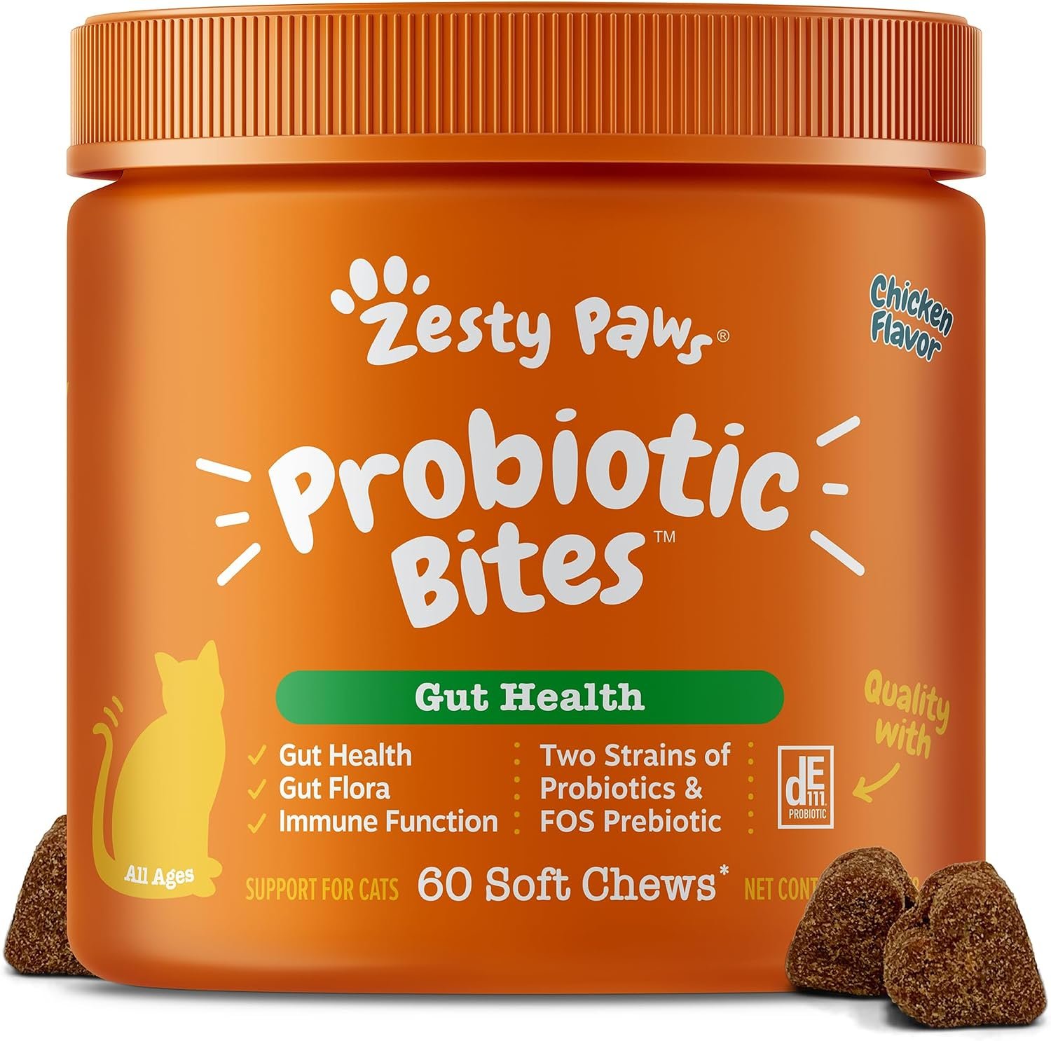 Zesty Paws Probiotic Bites for Cats – Gut Flora & Immune System Support – Cat Supplement with DE111 Bacillus subtilis – Pet Soft Chews with Probiotics & Prebiotics for Digestive Health – 60 Count