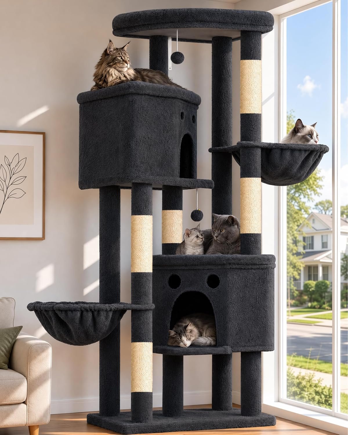 Cat Tree for Indoor Cats Large Adult, 84 in Extra Tall Heavy Duty Cat Tower | Multi-Level for Maine Coon 20lb+ Big Cats House with 3 Platform Perches, 2 Baskets, 2 Cat Condos, 5 Scratching Posts, 4 Toys