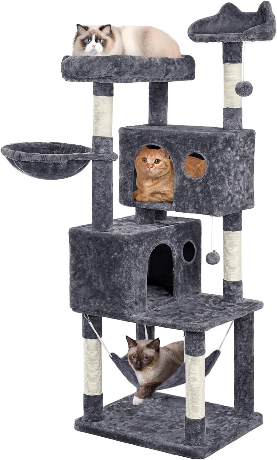 Yaheetech 64.5in Cat Tree Tower with Scratching Posts, 2 Condos & Hammock | Sisal scratching posts plus 2 plush condos, a hanging hammock, a soft basket, and perches that each hold a cat up to 11 lb
