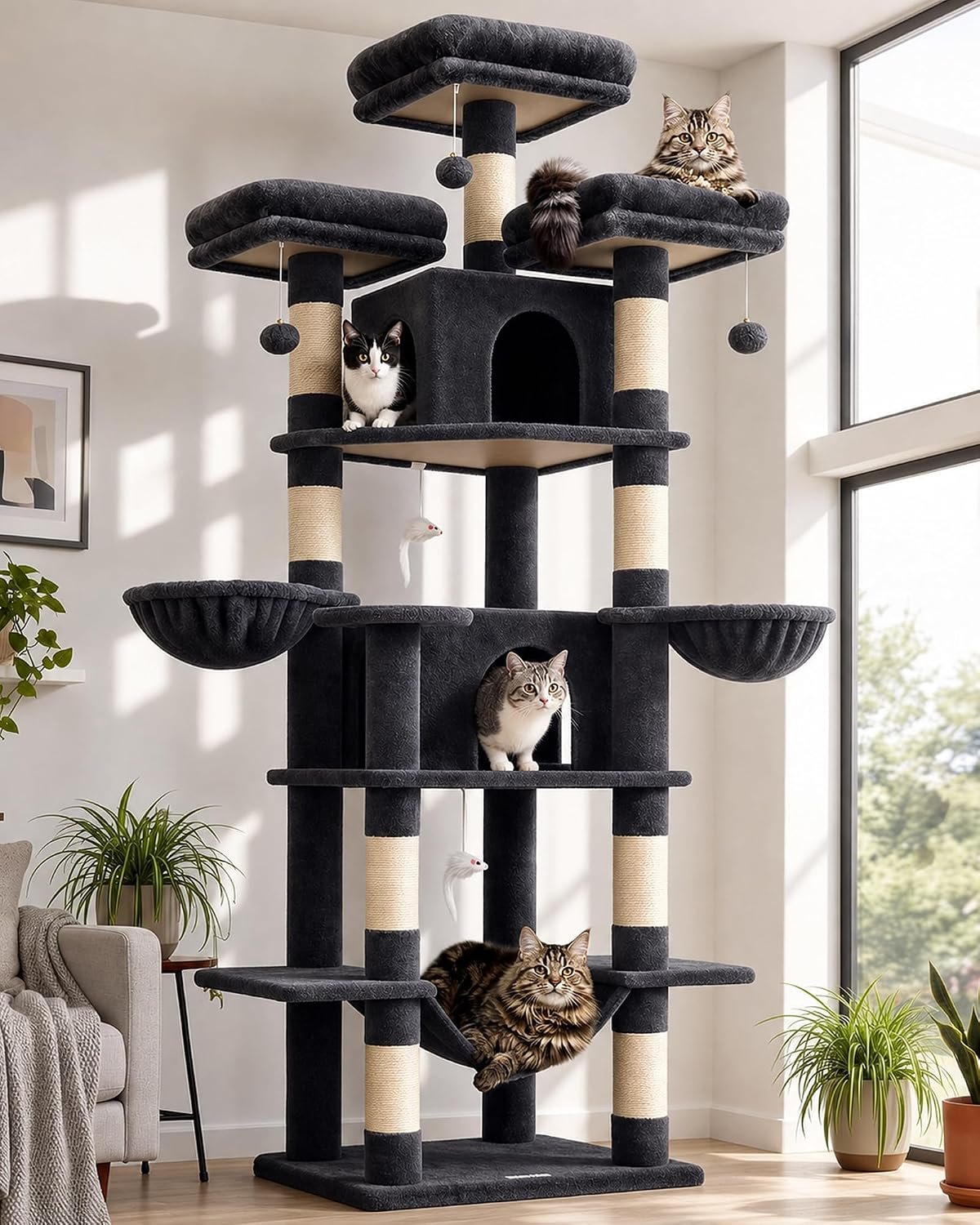Globlazer Big XXL Cat Tower for Indoor Multiple Cats, F80, Dark Grey | 80 inch Cat Tower for Adult Cats Cat Tree with Scratching Post, Hammock, 3 Perches, 2 Condos, 2 Hanging Basket