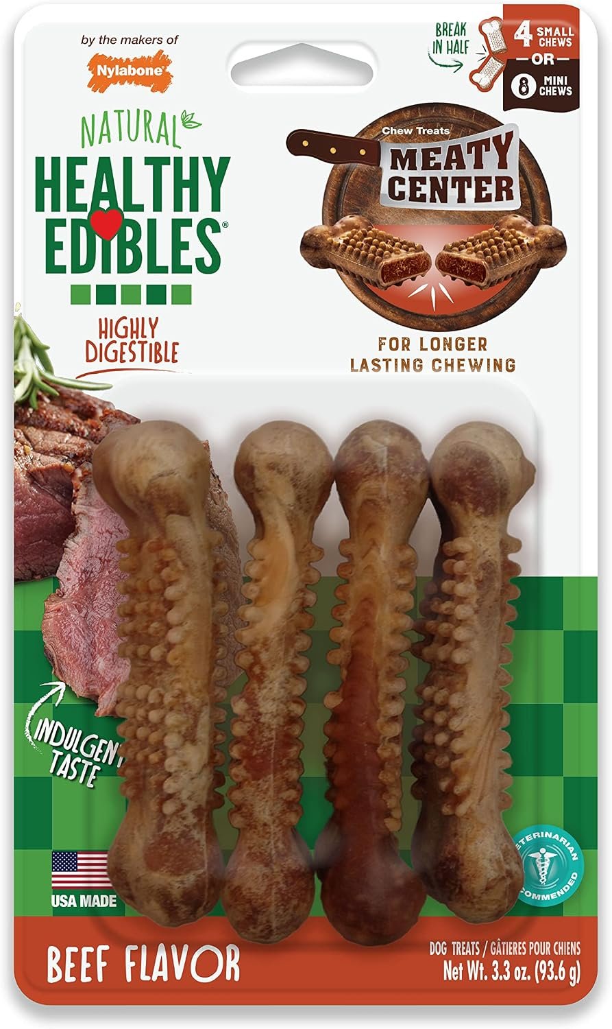 Nylabone Healthy Edibles Meaty Center Dog Treats, Beef Flavor, 4 Count | Natural dog chew bones, made in USA, highly digestible, help clean teeth, long lasting chews for small dogs up to 15 lbs