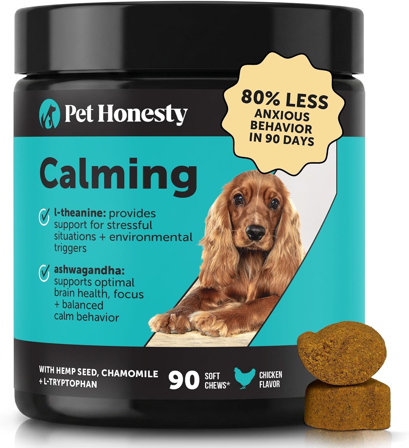 Pet Honesty Vet Recommended Dog Calming Chews with Ashwagandha, 90 Count | Natural calming chews for dogs with hemp & L-theanine, eases occasional stress from thunderstorms & travel, chicken flavor