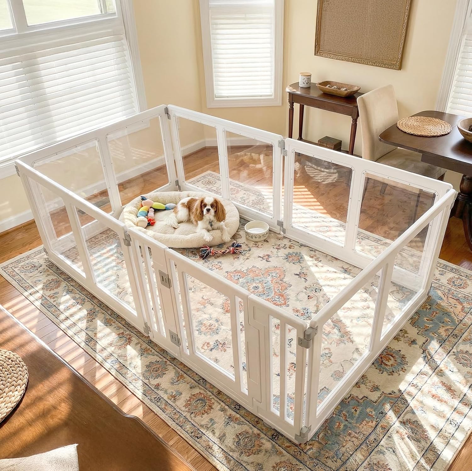 Clear Acrylic Dog Playpen Indoor, Puppy Playpen for Cats, Rabbits and Small Pets, Dog Fence Crate Kennel Bunny Cage (69.3″ L x 35″ W x 22.4″ H, White)