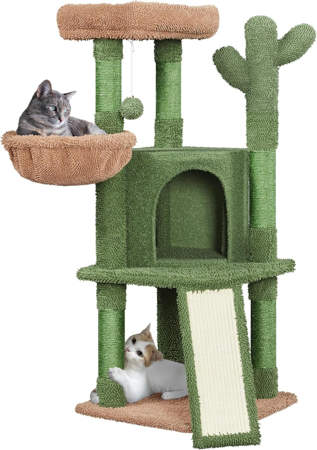 Yaheetech 42in Green Cactus Cat Tree Tower with Scratching Posts and Condo | Moppy fabric cover, hammock for indoor small kittens and elder cats, while the slim 17in base blends into corners and decor