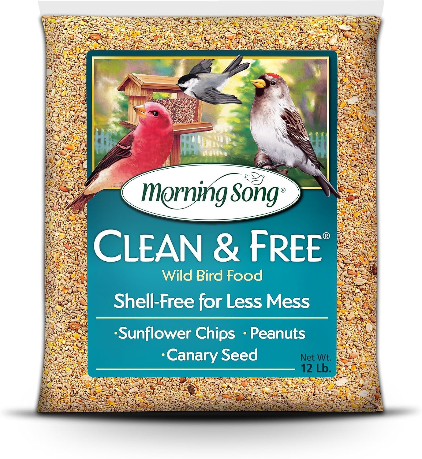 Morning Song Clean & Free No Mess Wild Bird Seed – 12 lb. | Shell-Free Bird Food Blend with Sunflower Chips, Peanuts & Canary Seed – No Waste Bird Food for Outside Feeders