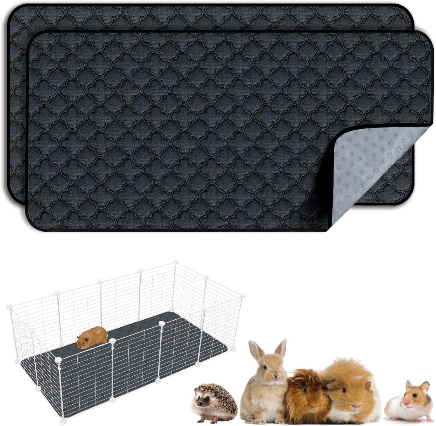 FunFurry Washable Guinea Pig Cage Liner – 2 Pack Reusable Washable Pee Pads，Waterproof Guinea Pig Bedding for Small Animal – Rabbit Bunny Hamster Puppy (Dark Grey, 24″ X 47″ – 2 Pack)