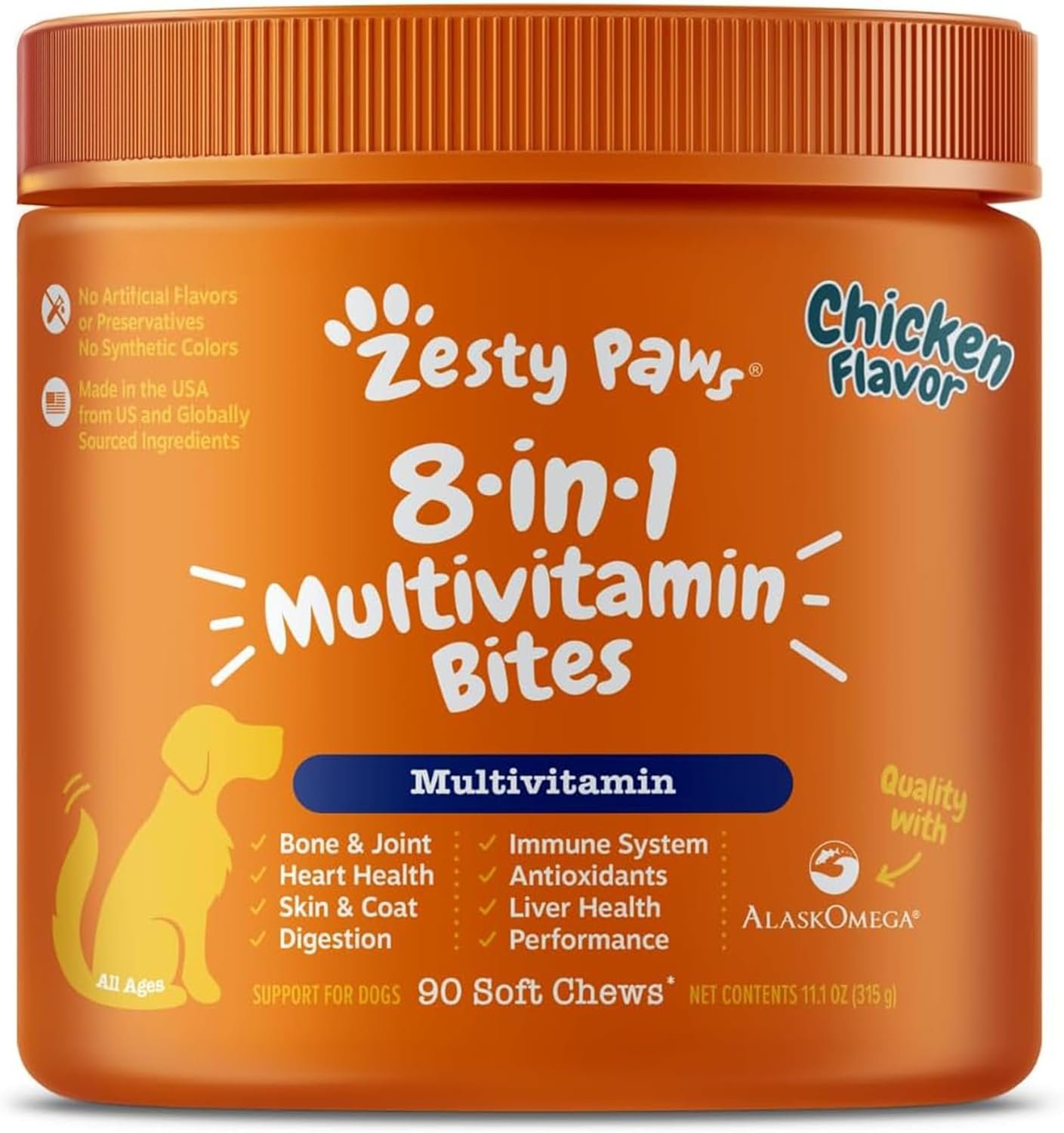 Zesty Paws Dog Multivitamin, Chewable Dog Vitamins and Supplements for Hip & Joints, Skin & Coat, Omega 3 Fish Oil for Dogs- Senior & Puppy Multivitamin- Chicken- 90ct