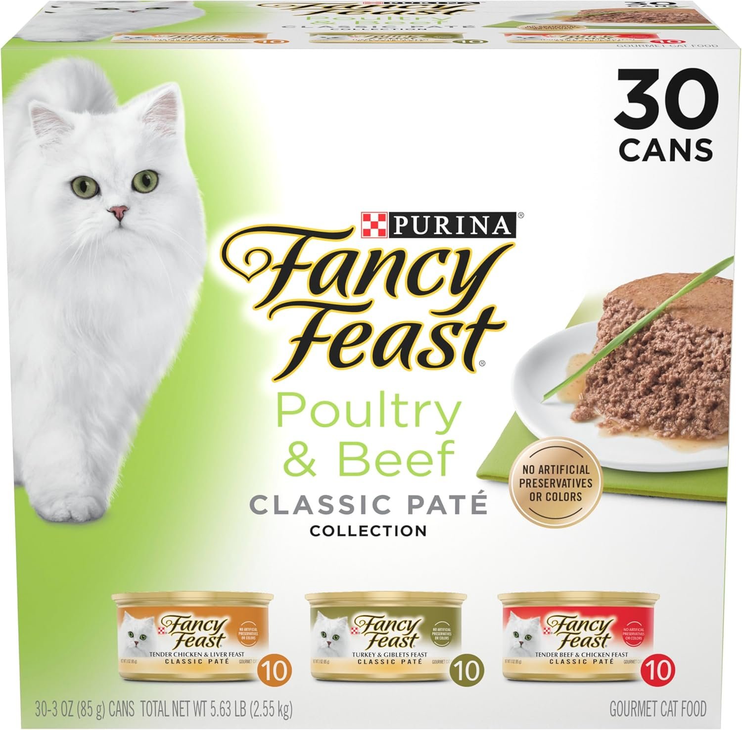 Fancy Feast Classic Pate Poultry & Beef Wet Cat Food, 3 oz Cans, 30-Pack | Variety Pack with recipes made with no artificial colors or preservatives. 100 percent complete and balanced