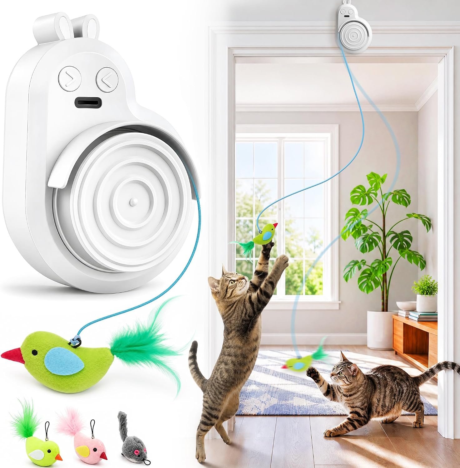 Interactive Cat Toys for Indoor Cats – Automatic Flying Bird for Enrichment | Catpick toy Hanging Feather & Mouse Wand Toy for Exercise & Self-play, Ideal for Bored Kitten&Adult Cat, Rechargeable, White