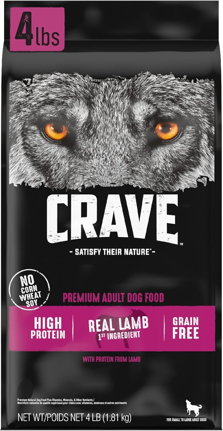 CRAVE Grain Free High Protein Natural Adult Dry Dog Food, Lamb, 4 lb | 34% protein, real animal protein, no by-product meal, no corn, wheat, soy, no artificial flavors, energy support