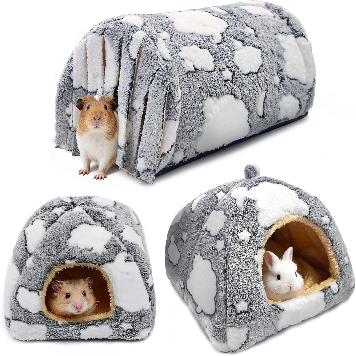 3PCS Guinea Pig Tunnel Set Washable Guinea Pig Houses and Hideouts Cozy Soft Small Animals Hideout Tubes for Hamster Chinchilla Bunny Hedgehog Ferret Rat