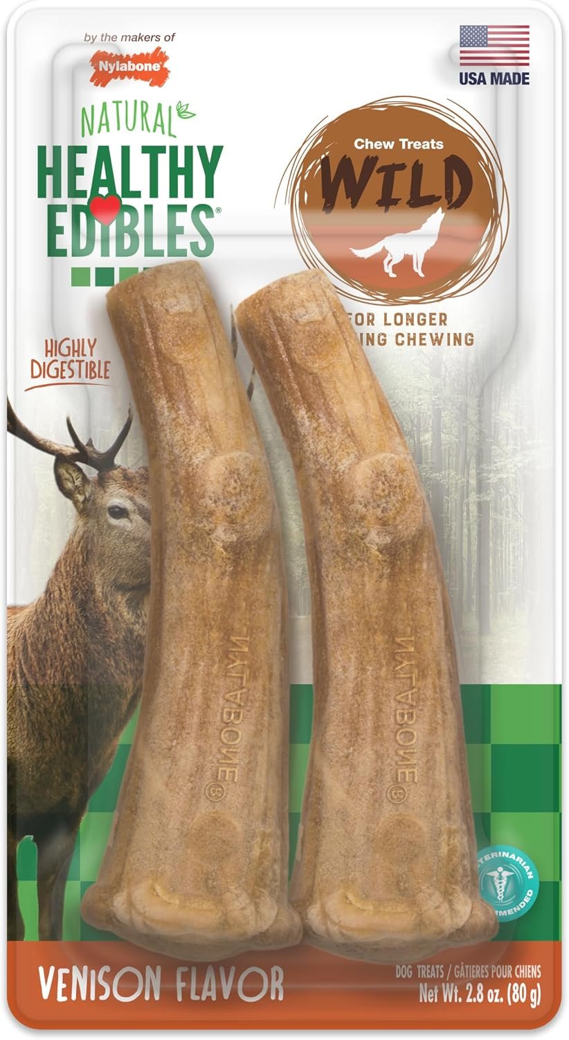 Nylabone Healthy Edibles Wild Dog Treats, Venison Flavor, Large, 2 Count | Natural dog chew bones, made in USA, highly digestible dog chews, long lasting chews for large dogs up to 50 lbs