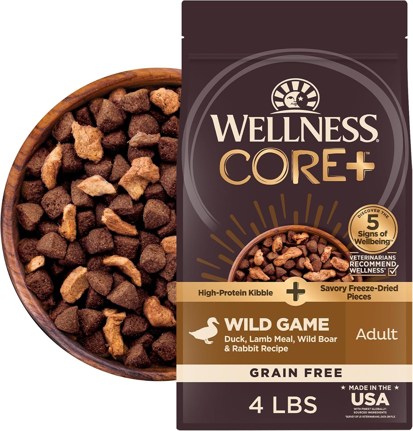 Wellness CORE+ Adult Dry Dog Food with Freeze Dried Pieces, Grain Free Kibble+, Natural, High Protein, Wild Game Duck, Lamb, Boar, and Rabbit Recipe, 4 lb Bag
