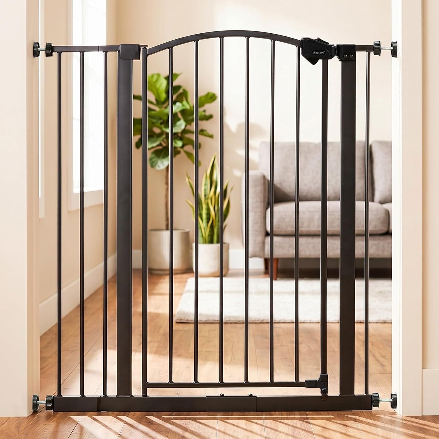 Regalo Safety 36″ Extra Tall Arch Baby Gate, Bottom of Stairs & Doorways | Fits Openings 30″-35″ Wide, Pressure Mounted with Door, For Babies, Toddlers & Pets, Bronze