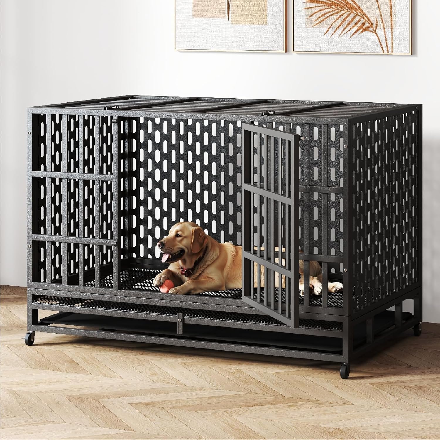 HIWOKK 48 Inch Heavy Duty Indestructible Dog Crate, for High Anxiety Dog | Heavy duty steel, Chew-proof, Dual doors with escape-proof locks, Removable easy clean tray, Locking casters, Easy assembly