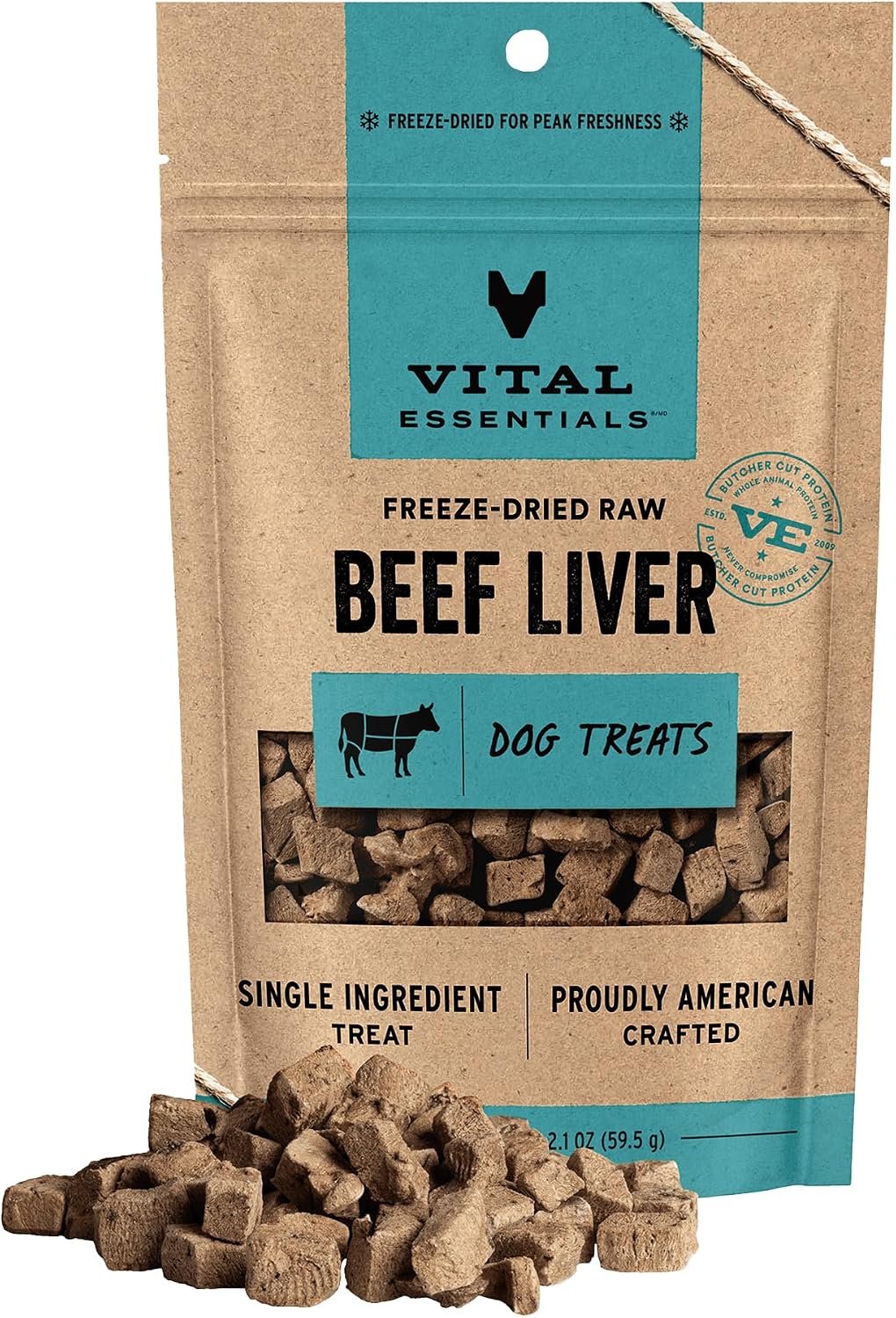 Vital Essentials Freeze Dried Dog Treats, Beef Liver, 2.1 oz Bag | Single Ingredient, Made With 100% Beef Liver, Grain-Free Training Treats, USA Made with U.S. & Globally Sourced Ingredients