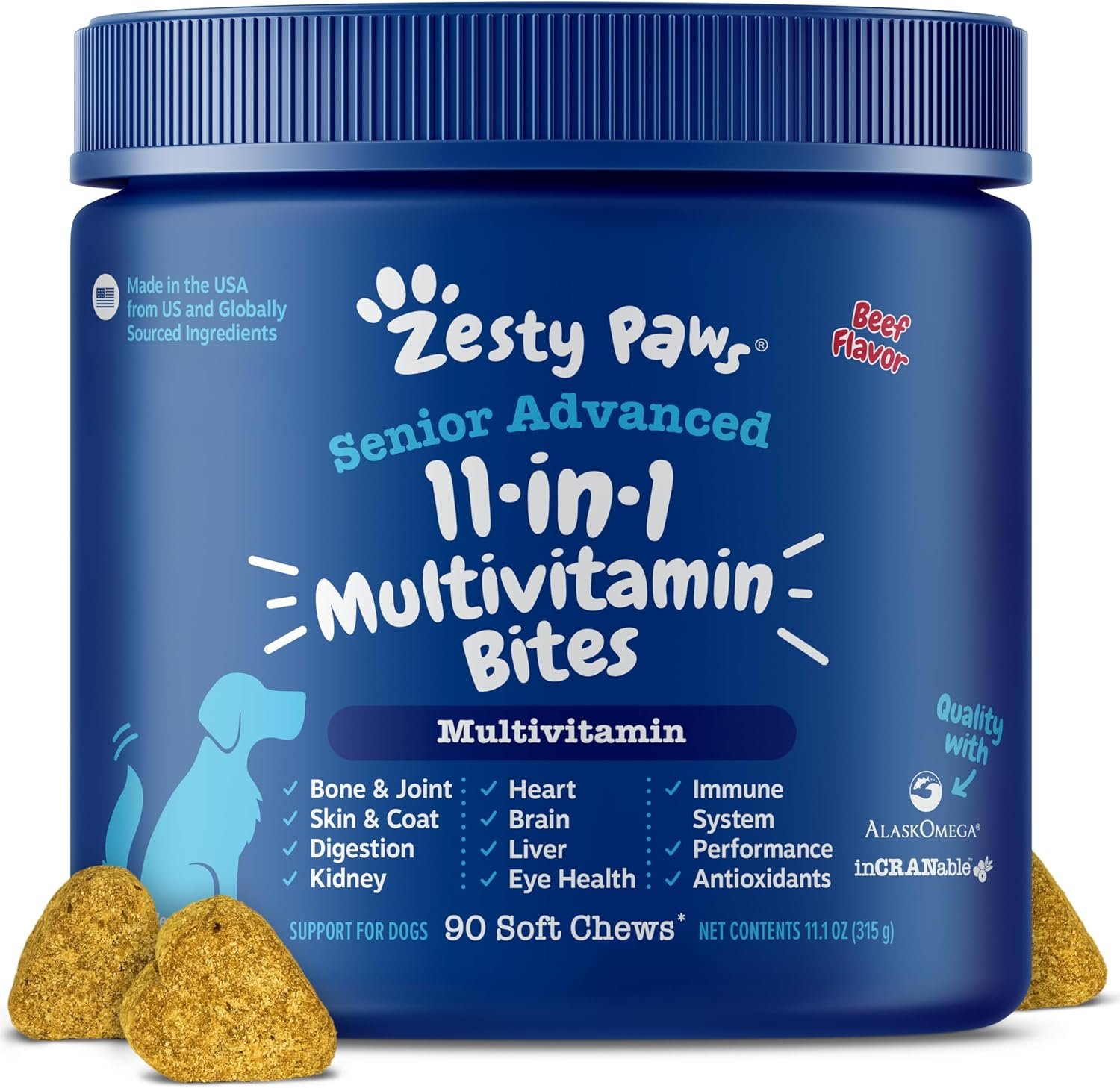 Zesty Paws Senior Dog Multivitamin Treats – Glucosamine for Dogs + Digestive Enzymes & Probiotics – Grain Free Dog Vitamins and Supplements for Skin & Coat + Immune Health Beef – Advanced – 90ct