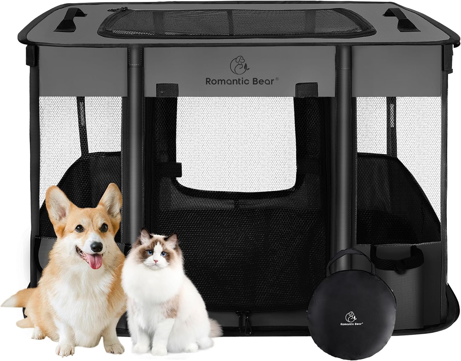 ROMANTIC BEAR Dog Playpen,Foldable Pet Puppy Cat Playpen,M(32″x24″x22″) | Dog Crate with Upgrade Breathable Mesh and Durable 600D Oxford Cloth,Sturdy Dog Cage Indoor & Outdoor for Small Animals,Grey