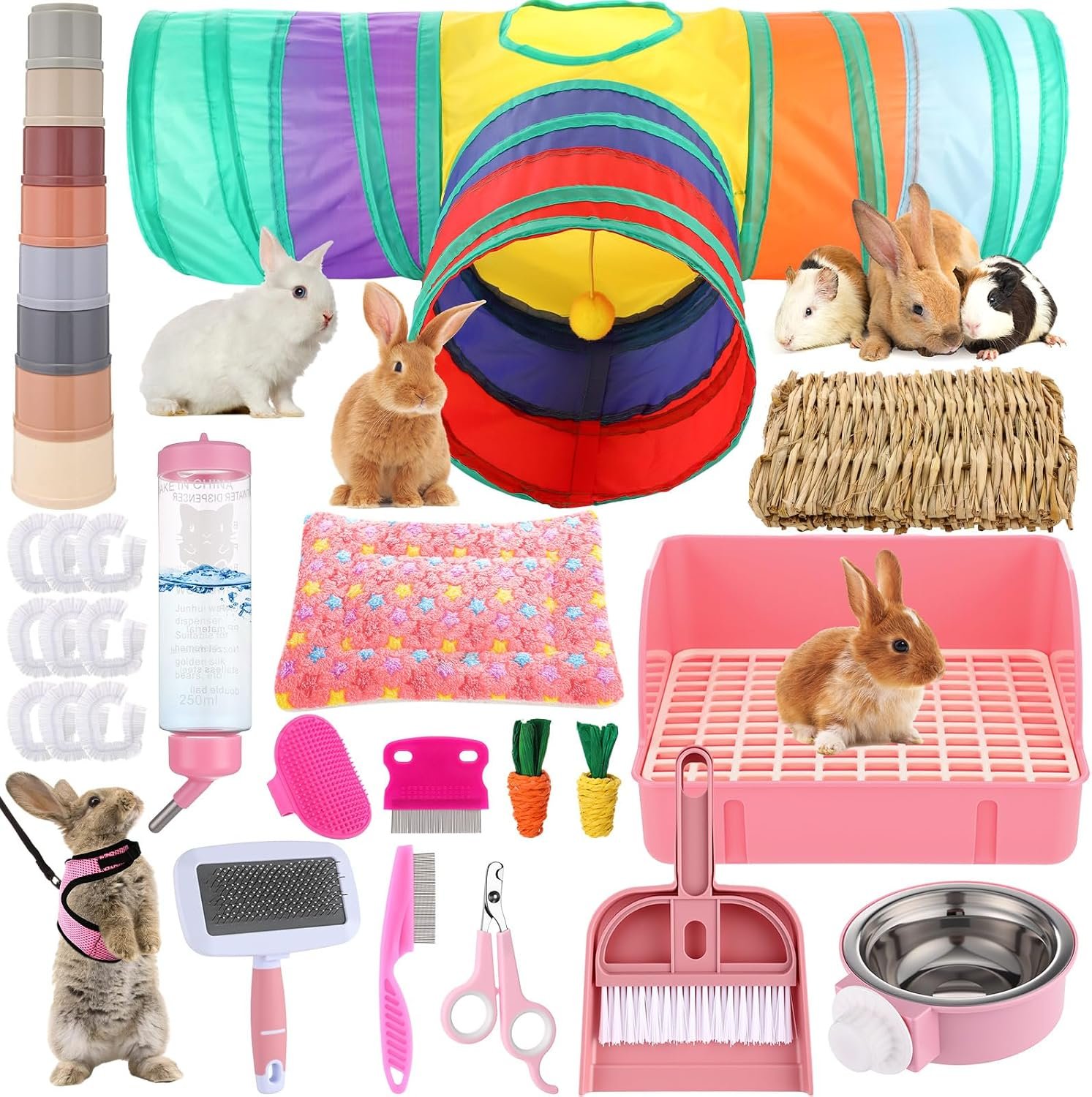 34 Pcs Rabbit Starter Kit Rabbit Litter Box Small Animal Water Bottle Cups Bunny Tunnels Animal Grooming Kit Bowl Blanket with Cleaning Set for Guinea Pig Bunny(Style 1,Light Pink)
