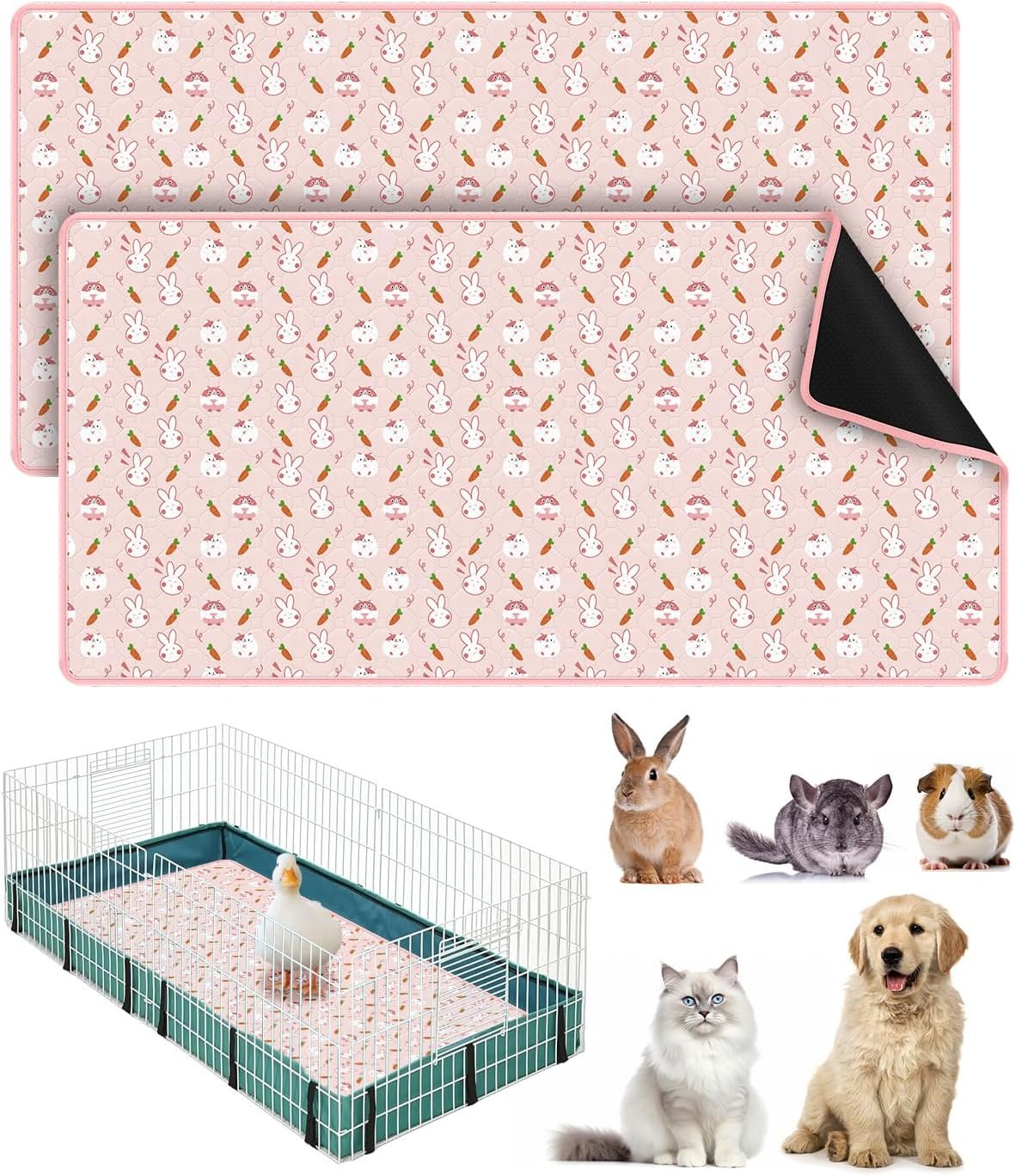 Bissap 2 Packs Guinea Pig Cage Liners, 47”X24” Washable Guinea Pig Pee Pads Non Slip Reusable Fast and Super Absorbent Bedding for Small Animals Rabbit Hamster Chinchillas Rat – Pink