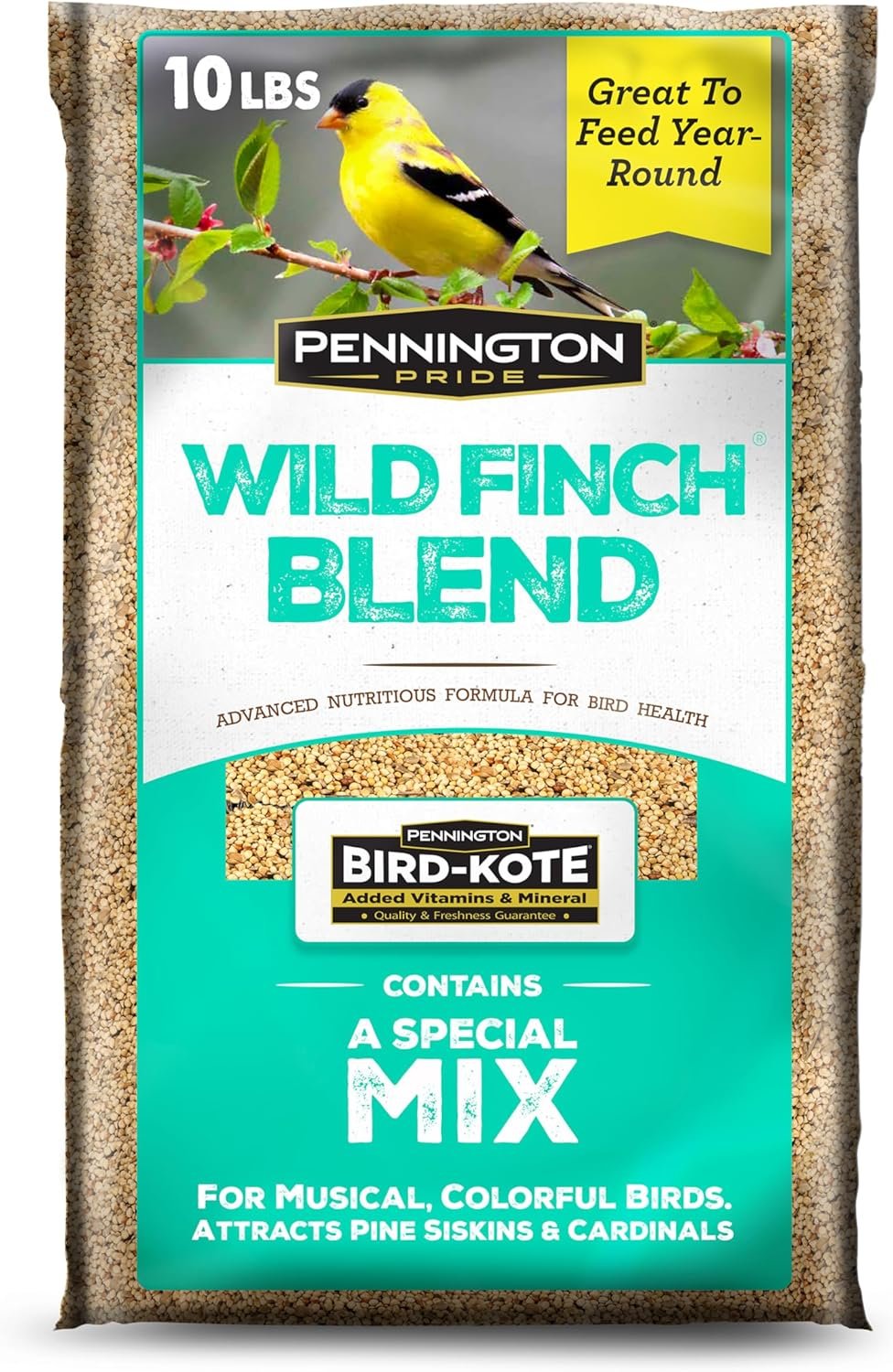 Pennington Pride Wild Finch Blend Wild Bird Seed, 10-lb Bag | For outside feeders, special mix for a variety of musical & colorful birds, great to feed year-round, BIRD-KOTE, finch seed