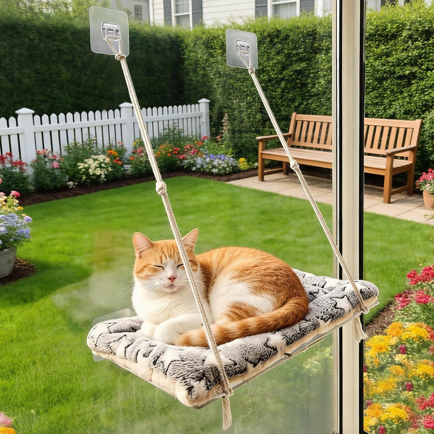 Cat Window Perch with Adhesive Hooks Foldable Cat Window Hammock for Cats up to 30 lbs, Sturdy Metal Frame, Easy to Adjust Assemble, Soft Removable Cushion Included, Cats Bed for Indoor Watching Bird