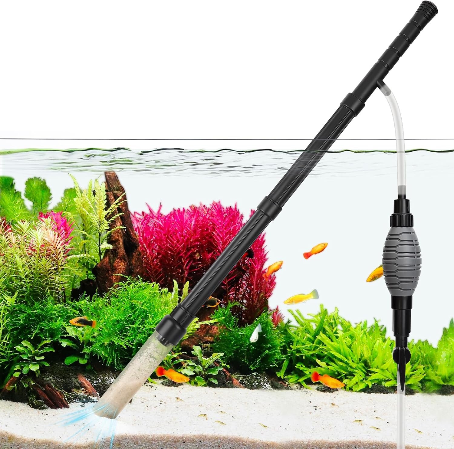 AQQA Gravel Vacuum for Aquarium Siphon – Adjustable Flow Fish Tank Cleaner | Manual Siphon Pump with Handle, Water Changer Sand Rock Suction Cleaner, Upgraded Hard Hose with Threaded Connection (Small)