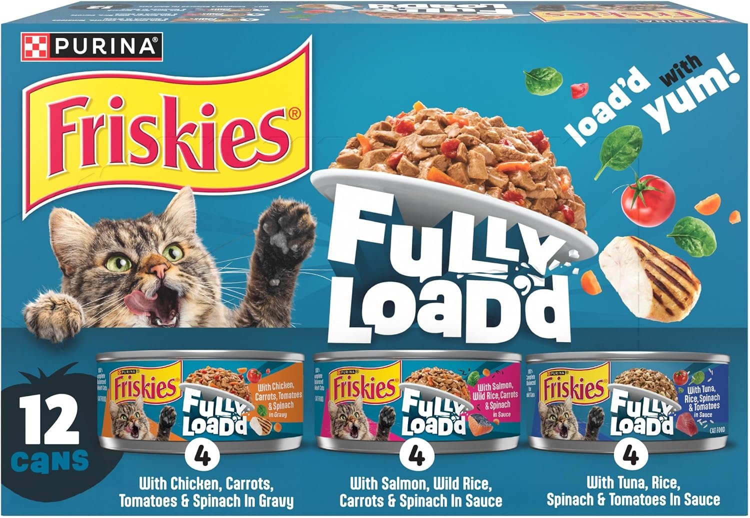 Friskies Purina Fully Load’d Wet Cat Food Variety Pack, 12 Count, 5.5 oz | Chicken, salmon and tuna recipes with veggies in savory sauce or gravy for healthy hydration. 100% nutrition for adult cats