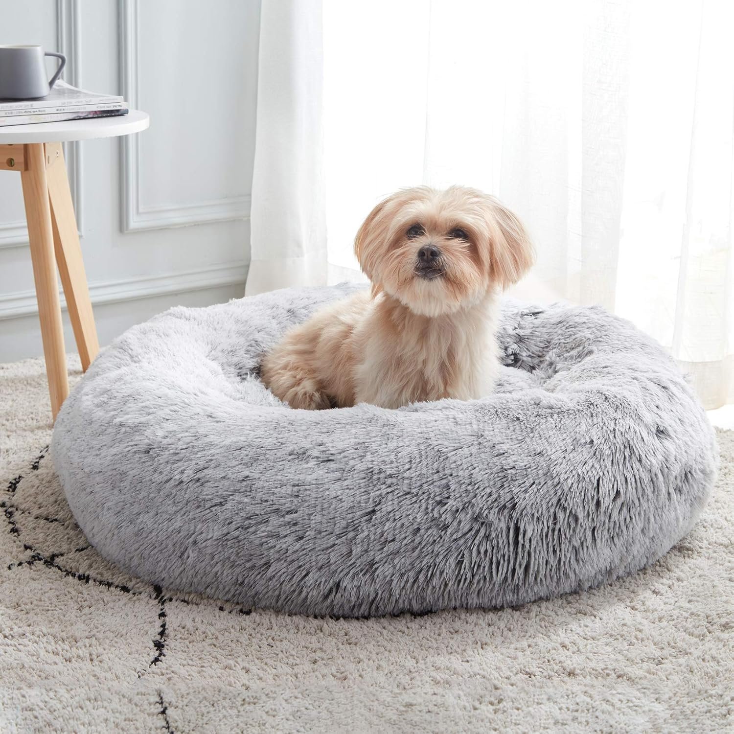 Calming Soft Round Dog &Cat Bed Small Dog Bed Washable,20″ | Fluffy Faux Fur Cuddler,Anti-Anxiety,Anti-Slip Bottom,Self-Warming Bed for Small Dog&Kitten&Puppy,Up to 12 LBS Light Grey