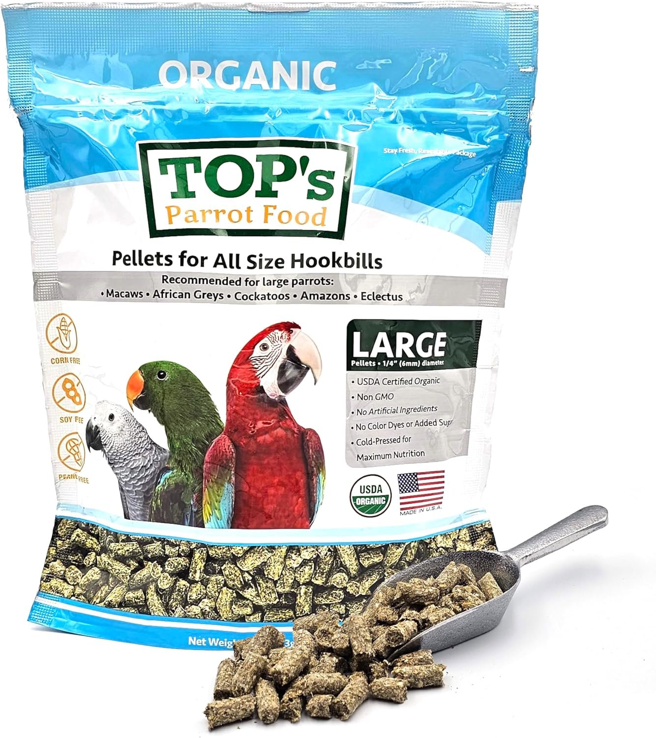 TOP’s Large Parrot Pellets 1 lb, USDA Organic Certified, Non-GMO Bird Food for Hookbills